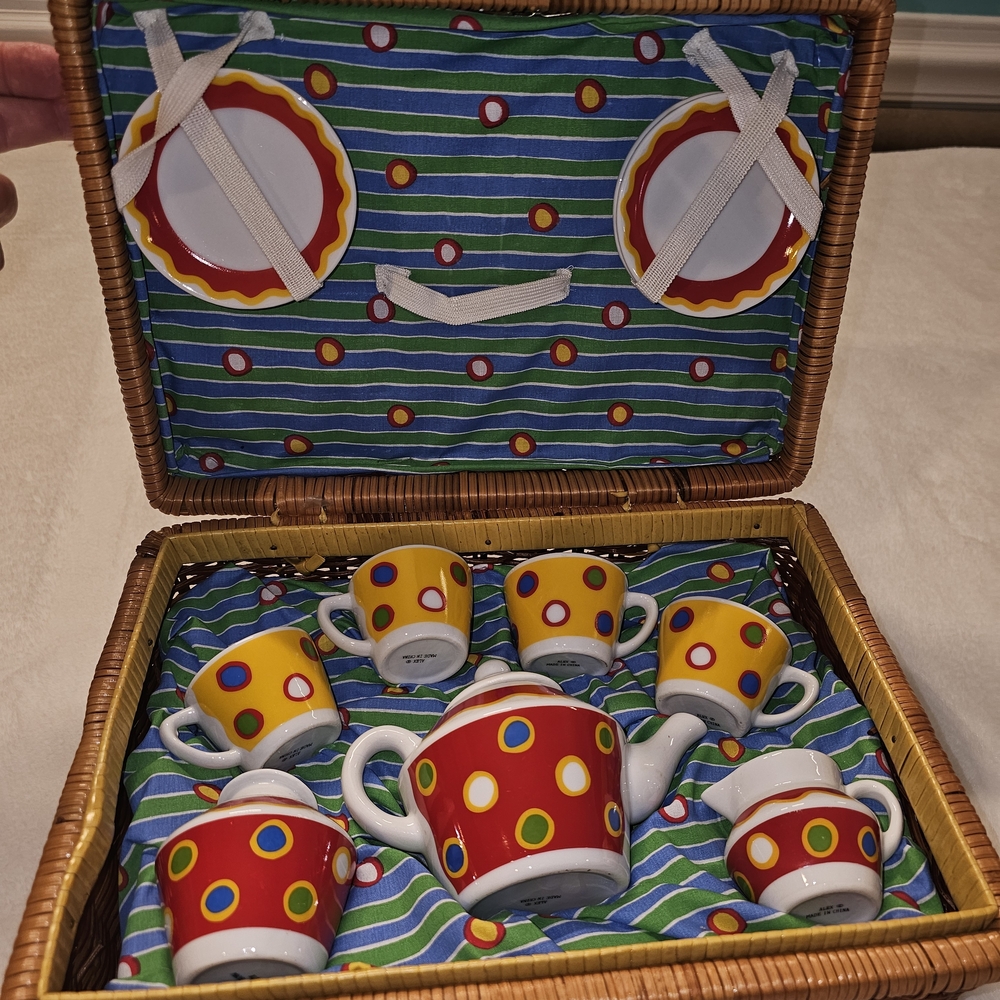 Colorful Miniture Polka Dot Tea Set With Wicker Case